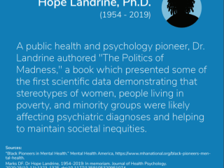 Info Graphic“ Hope Landrine，Ph.D.（1954-2019）公共卫生和心理学先驱，Landrine博士撰写了《疯狂的政治》，这本书介绍了一些最早的科学数据，证明了女性的刻板印象，人们，人们生活在贫困中，少数群体可能会影响精神病诊断，并有助于维持社会不平等。”