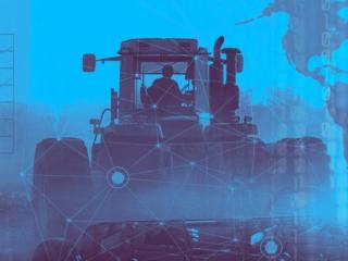 abstract image of tractor in a blue background, a matrix of numbers, code, map overlayed