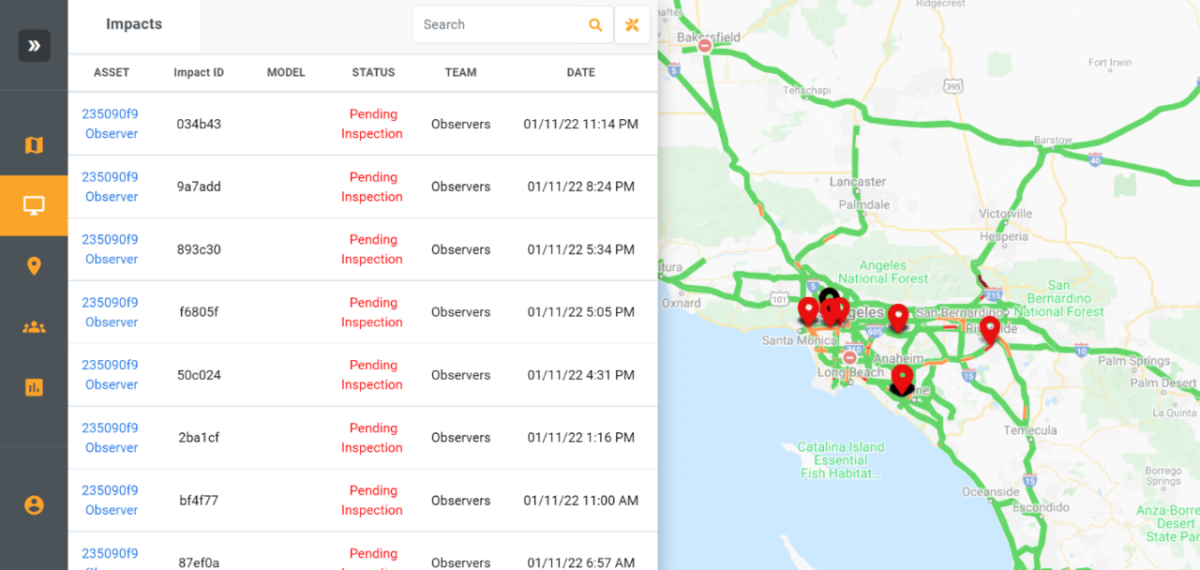 Map and chart showing detection nodes which are points that transit data back to show vehicle location to traffic management.