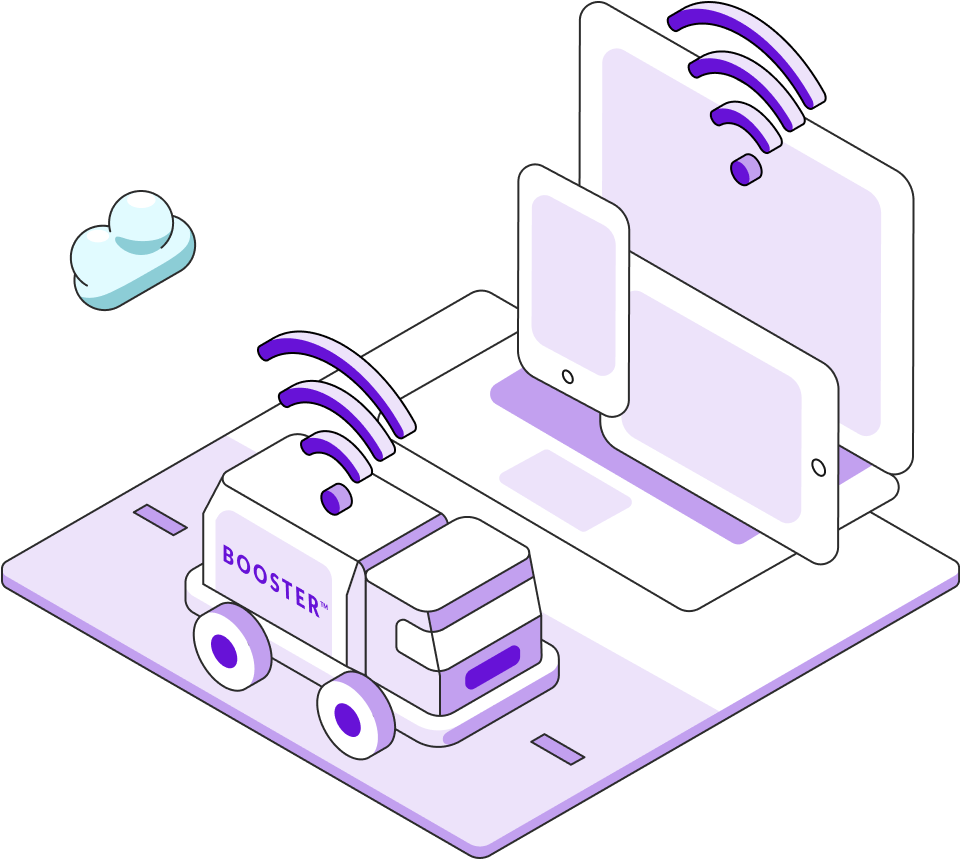 An illustration of a purple Booster tanker with a wifi symbol floating above. In he background, phones and tablets float with a wifi symbol.