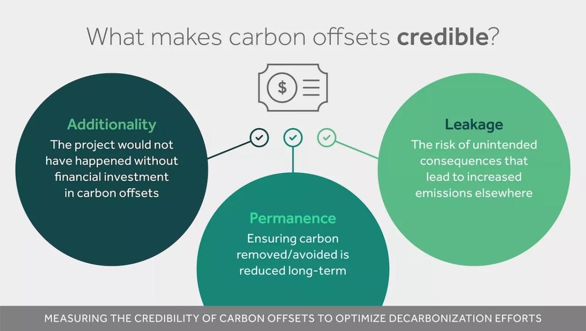 图显示何为碳抵消可信性:额外性、永久性和泄漏