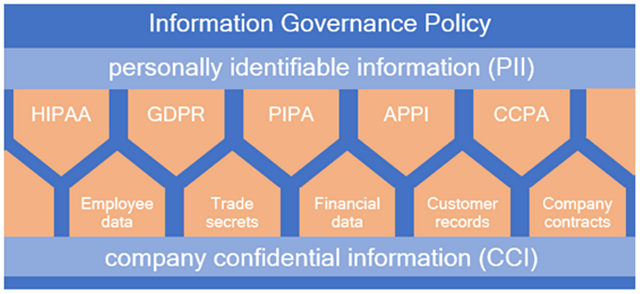 信息图形“信息治理政策”个人身份信息(PII)和例子如HIPAA, GDPR,琵琶,美国等。