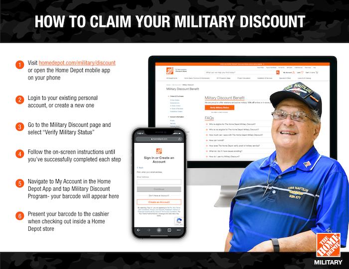 如何定义你的军事折扣。访问homedenot.com/military/discount或打开家得宝(Home Depot)移动应用在你的手机上。登录到您现有的个人账户,或创建一个新的。去军事折扣页面并选择“验证的军事地位。按照屏幕上的指令,直到你成功完成每一步)。导航到我的帐户的家得宝(Home Depot)应用,利用军事折扣计划——你的条形码将出现在这里。16展示你的条形码时收银员里面查看