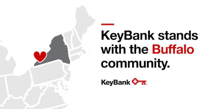 KeyBank与Buffalo社区站在一起。188bet网址怎么打不开东北地图；纽约州被突出显示，并在布法罗（Buffalo）上显示了心脏。