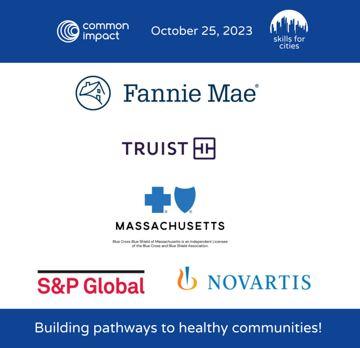 技能促进城市企业赞助Logos:Fannie Mae、Truist、BCBSMA、S&PGlobal和Novartis