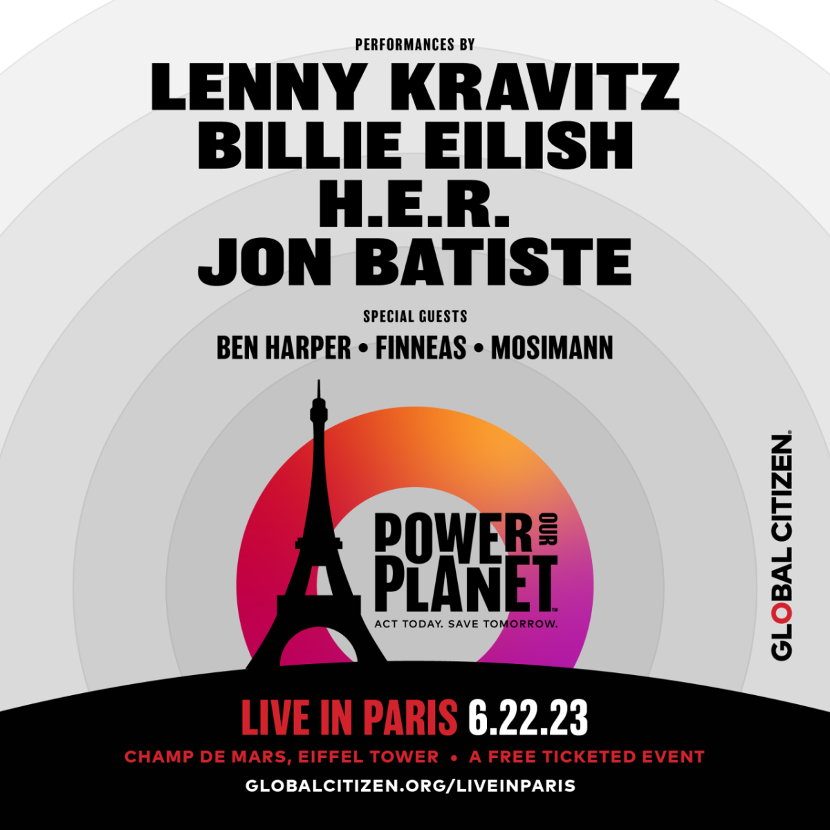 莱尼Kravitz,比利Eilish H.E.R.,乔恩·巴蒂斯特,special guests Ben Harper, Finneas, Mosimann. Power our Planet Live in Paris 6.22.23