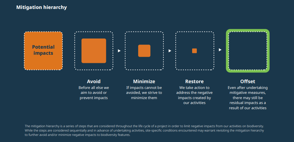 信息图形。“缓解层次”显示进展从潜在影响抵消。“缓解层次结构是一系列步骤,被认为是在整个项目的生命周期,以限制从我们的活动对生物多样性的负面影响。而被认为是顺序的步骤和提前进行活动,遇到特定场地条件可以保证回顾缓解层次进一步避免和/或尽量减少负面影响生物多样性……”